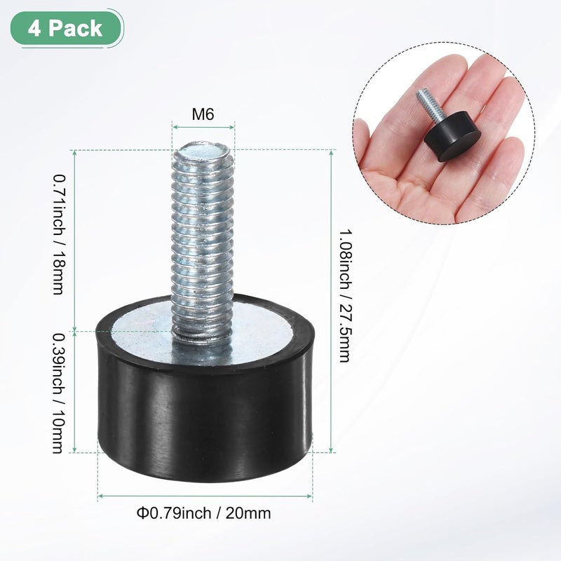 M METERXITY 4 حزمة من مثبتات المطاط D20mmxH10mm عازلات الاهتزاز الأسطوانية مع مسامير M6 x 18mm لضاغط الهواء/السيارة/المضخة/القارب/محرك المرآب/عوازل المطاط - Image 3